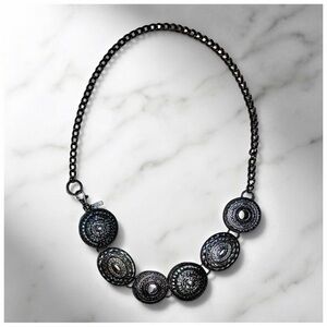 Chico’s Sculptural Medallion Chain Necklace – Antiqued Silver Tone